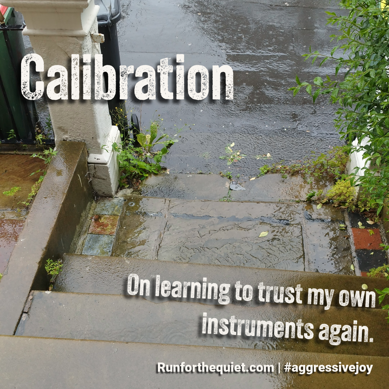 Rain falls onto wet stone steps leading down to a street, with small weeds and plants growing along the edges. Overlaid text reads: “Calibration” and “On learning to trust my own instruments again.” At the bottom: “Runforthequiet.com | #aggressivejoy”.